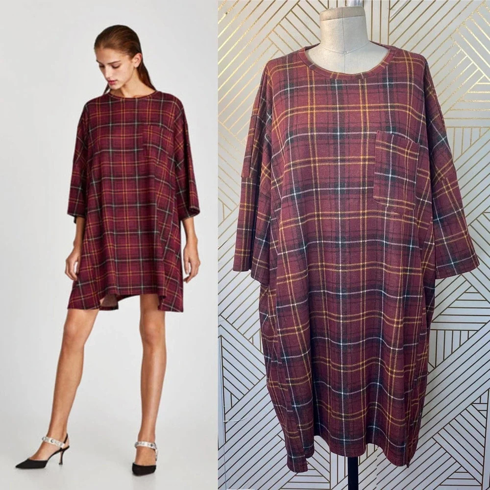 Zara Dress Plaid Oversized Short Sleeve T-Shirt Red Check Dress Size Medium